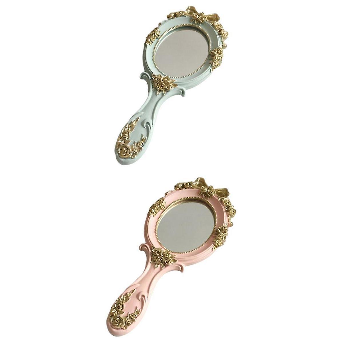 2pcs Handheld Mirror with Embossed Rose Pattern for Makeup Oval Shape