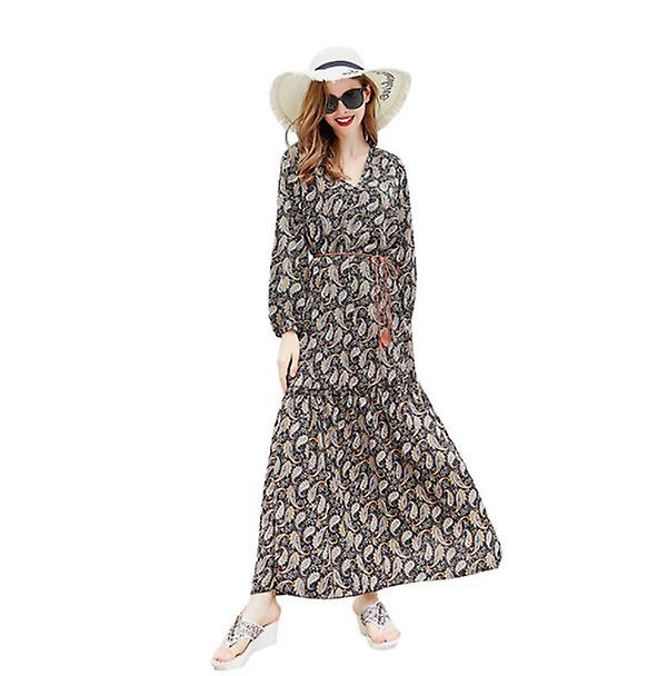 2022 Spring Retro Plus Size Robe femme Pelis Noix de cajou Motif Jupe à manches longues col en V