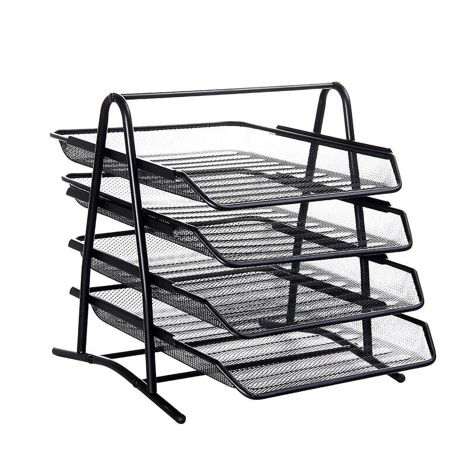 Triangular Corner Black Desk File Organizer: 4 Compartment Metal Mesh Design