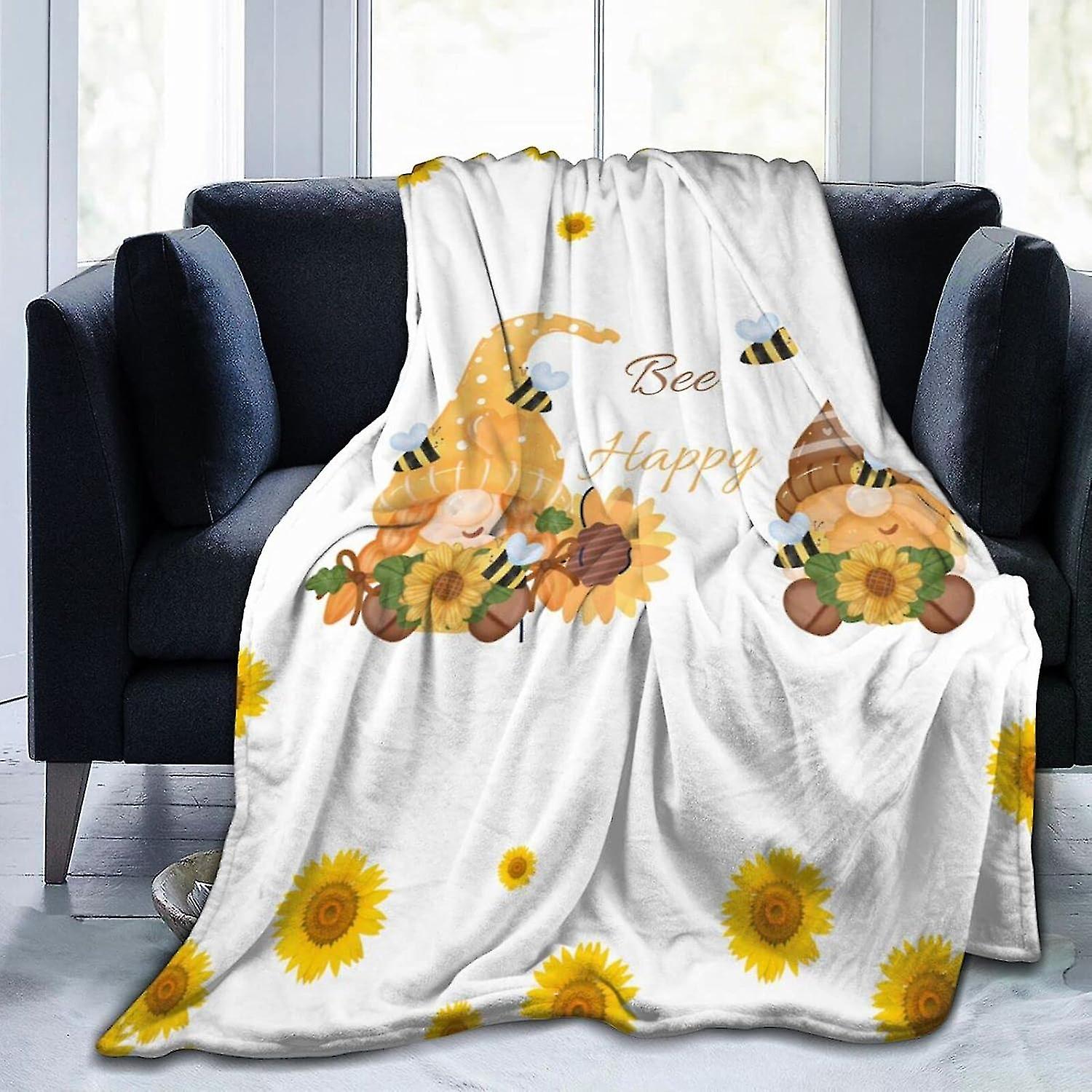 Gnomes Sunflower Blanket Be Happy Throw Blanket All Season Bed Throw Fleece Flannel Plush Super Soft Quilt Throw For Sofa Couch