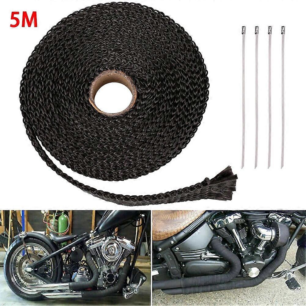 For Motorcycle Exhaust Pipe Protective Bandage 1 Roll Fiberglass Exhaust Manifold Headers Pipe Heat Wrap Tape Blacks +4 Ties Kit ST1M510