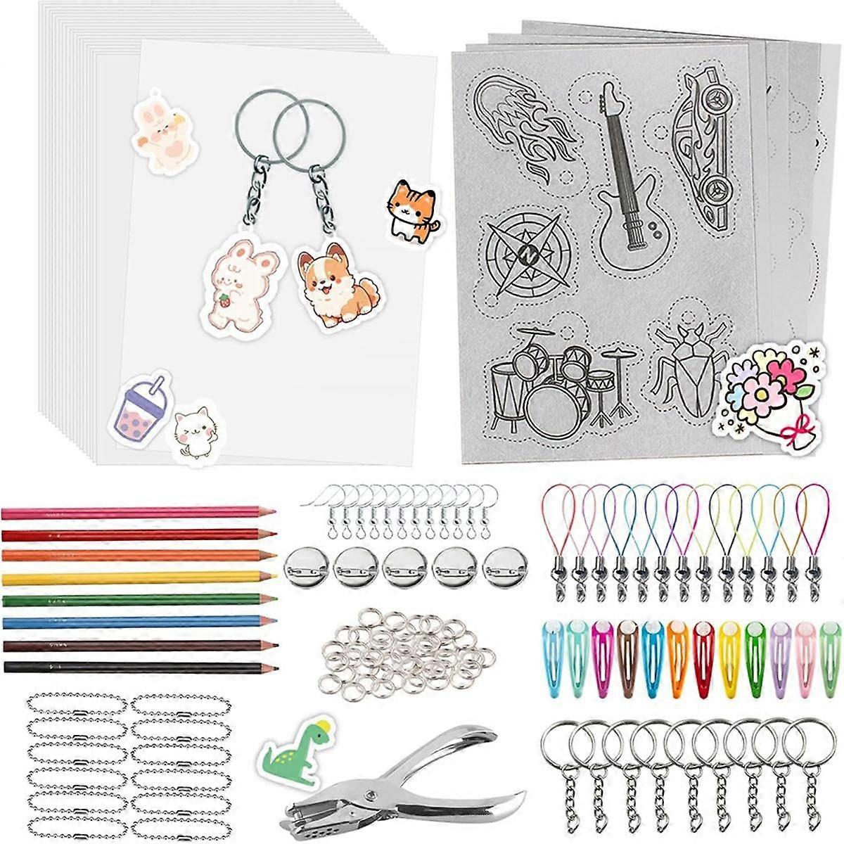 A5 ShrinkyDink Keychain Kit, Shrink Dinks Paper Kits for Kids DIY Art Craft with Keychain Earring HairClips Brooch