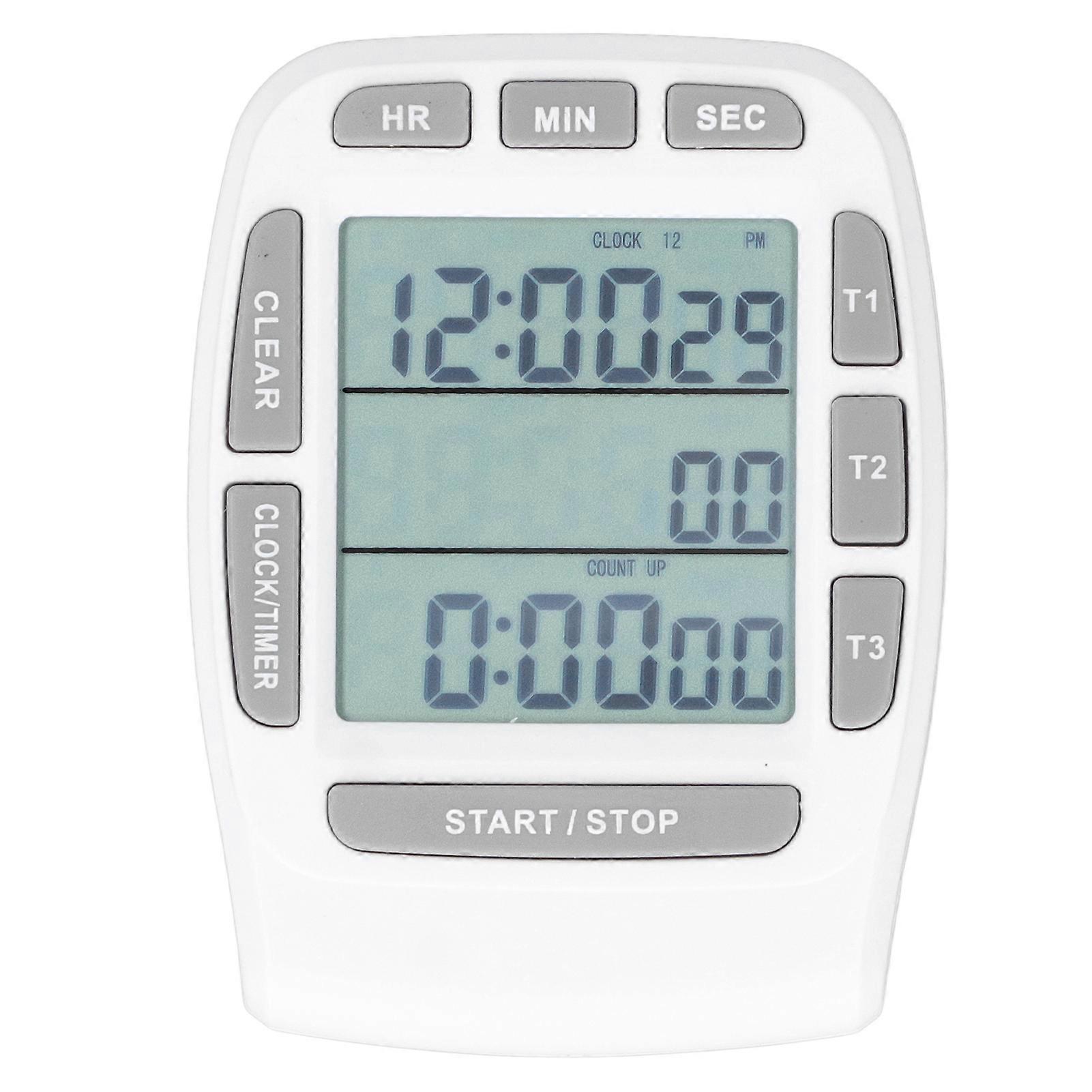 Triple Timer Clock Count Down Up 4.0x4.4cm LCD Display Multifunction White Builtin Battery