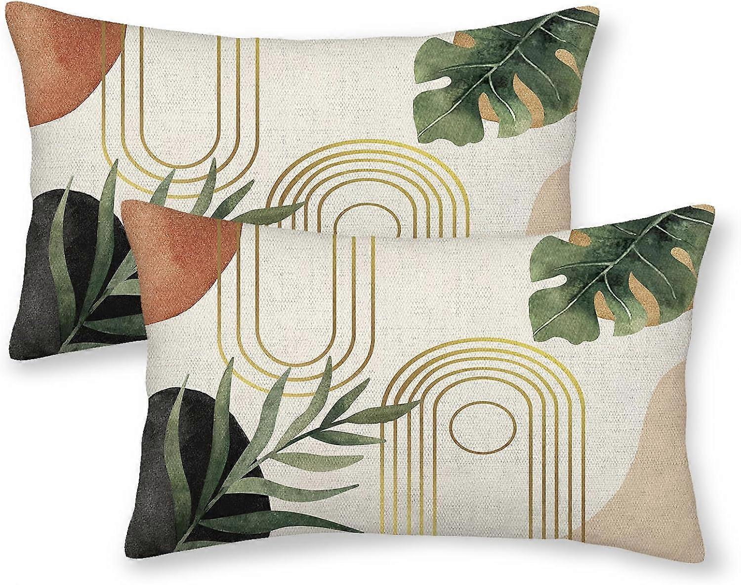 Boho Pillow Covers 12x20 Set of 2, Green Leaf Mid Century Farmhouse Decorations Throw Pillow Covers Modern Tropical Bohemian Outdoor Decorative Linen