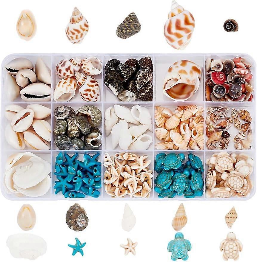 15 Styles Seashell Beads Ocean Theme Beads Kit Natural Conch Beads Spiral Shell Beads Starfish Tortoise Dyed Synthetic Turquoise Beads Mixed Shape Bea
