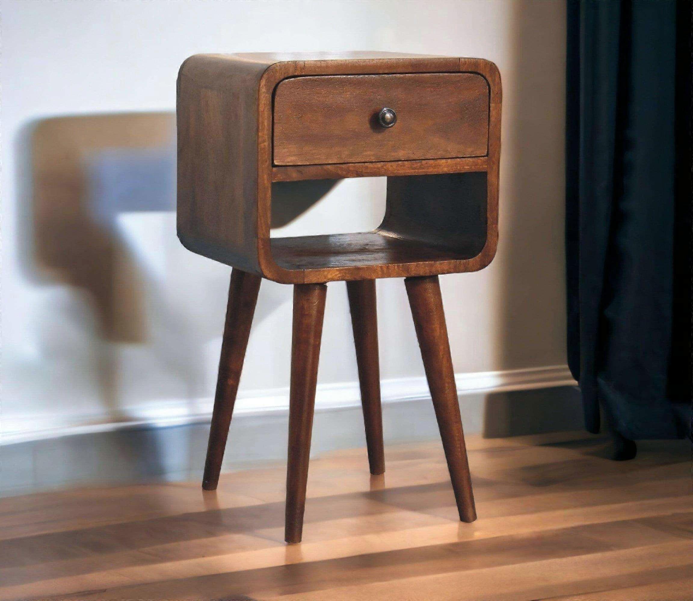 Small Curved Bedside Table With Drawer In Dark Finish
