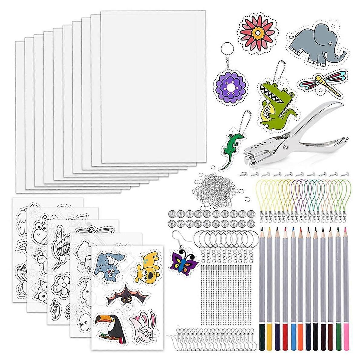 218 Pcs Shrink Plastic Sheets Kit: 15 Plastic Sheets, Keychains, Hole Punch, and Pencils for Crafts. Perfect for Kids