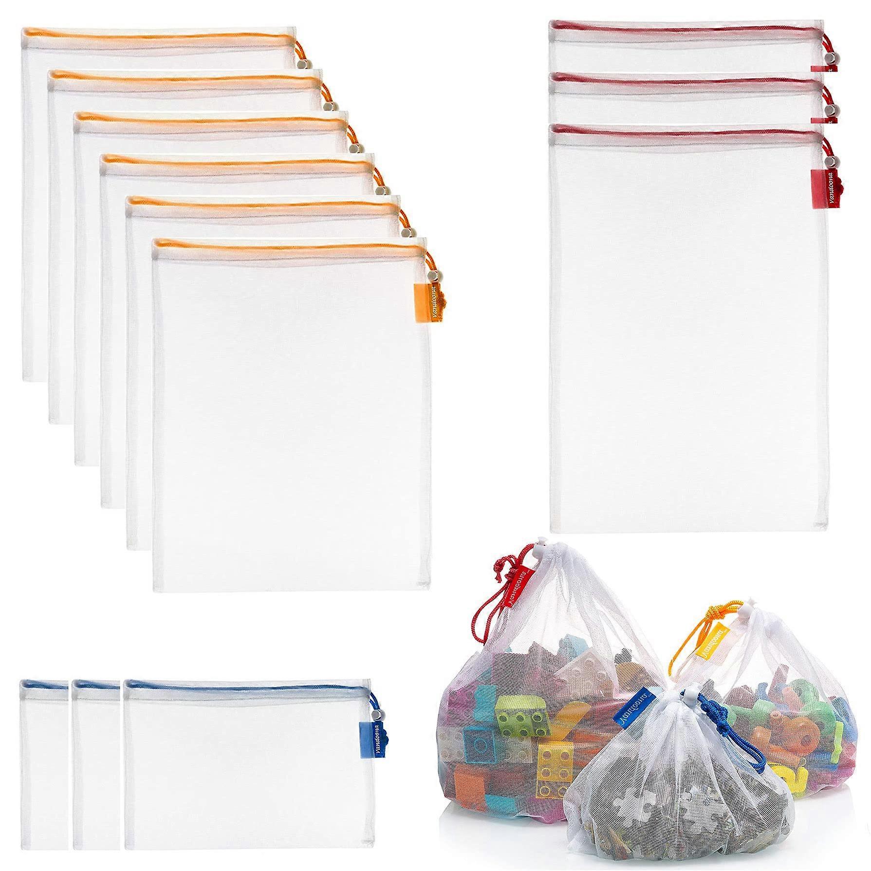 12 Pcs Toy Storage & Organization Mesh Bags, Washable Mesh with Drawstring, for Fruit, Vegetables,3 Various Sizes