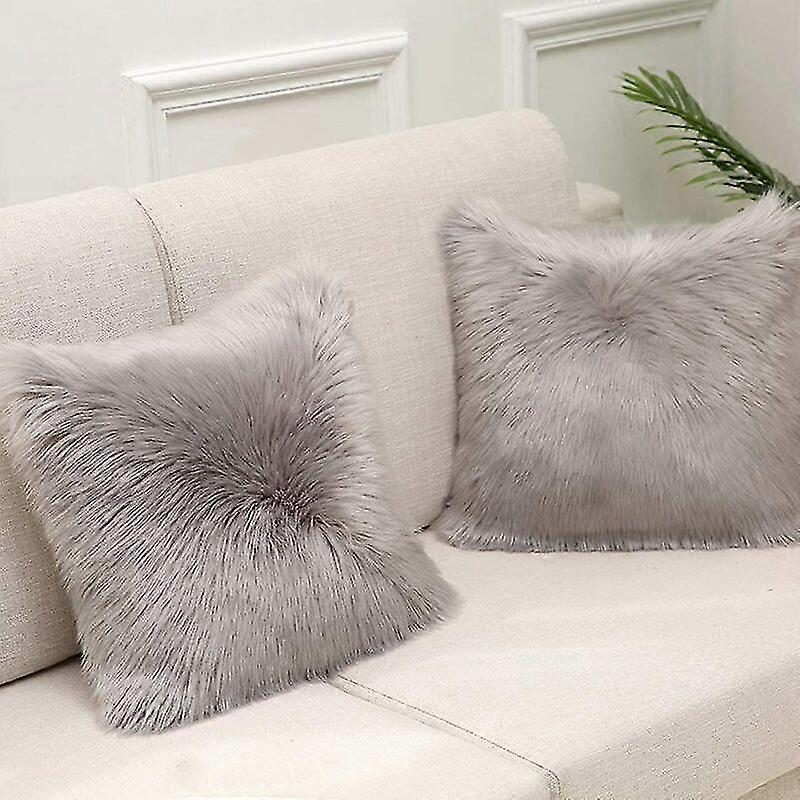 Grey Faux Fur Luxury Decorative Cushion Cover, Fluffy Pillowcase, 40x40 Cm, With Hidden Zipper, 2 Pieces