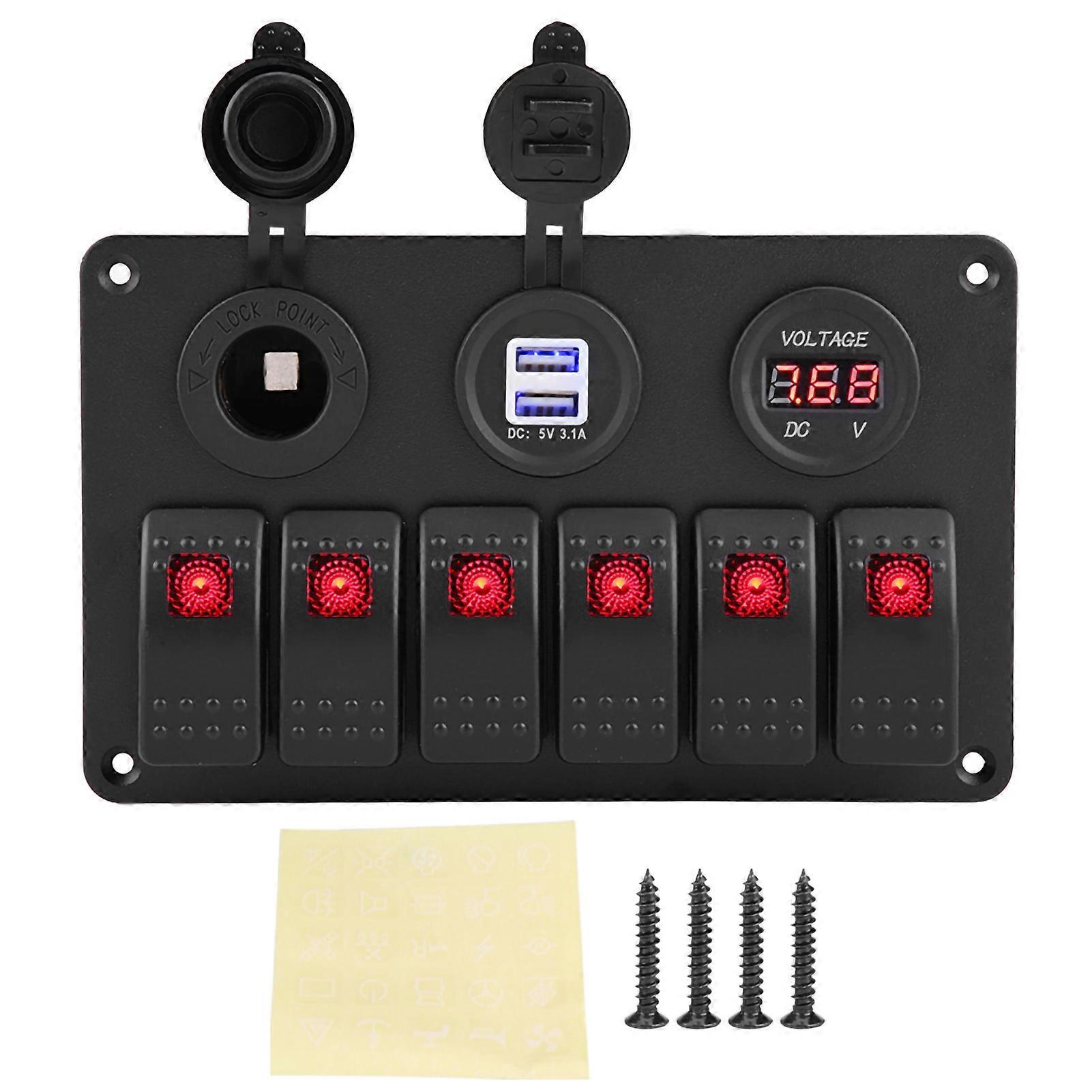 12V 24V 6 Gang Auto Boot Marine LED Rocker Switch Panel Dual USB Voltmeter Sigarettenaansteker Rood
