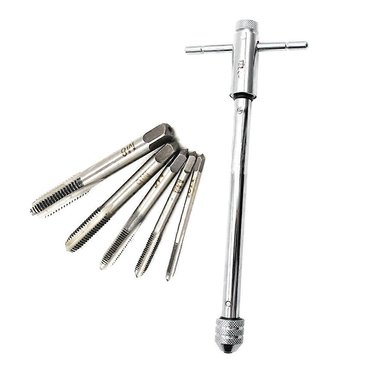 Long Adjustable Silver T-Handle Ratchet Tap Wrench with 5 M3-M8 3mm-8mm Thread Metric Plug Taps
