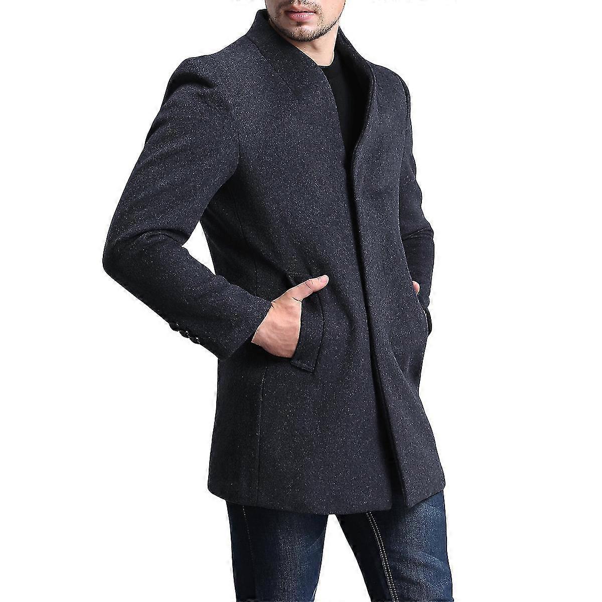 VAWAN Mens Winter Wool Single-breasted Three-button Mid-length Coat