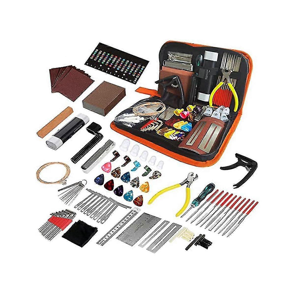 99 delar gitarrverktygslåda, gitarrreparations- och underhållsverktyg, med gitarrsträngar, för akustisk gitarr