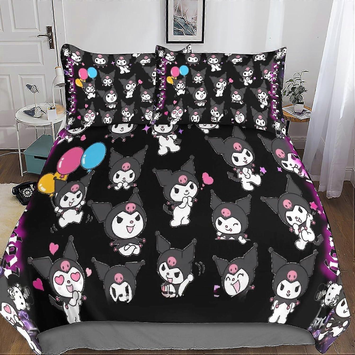 o3711 Lençóis 3D Kuromi Capa De Edredom Conjunto De Cama, Estilo Bonito Conjunto De Capa De Edredão Capa De Colcha De Microfibra Macia Com Fronhas 3 Peças Para Crianças