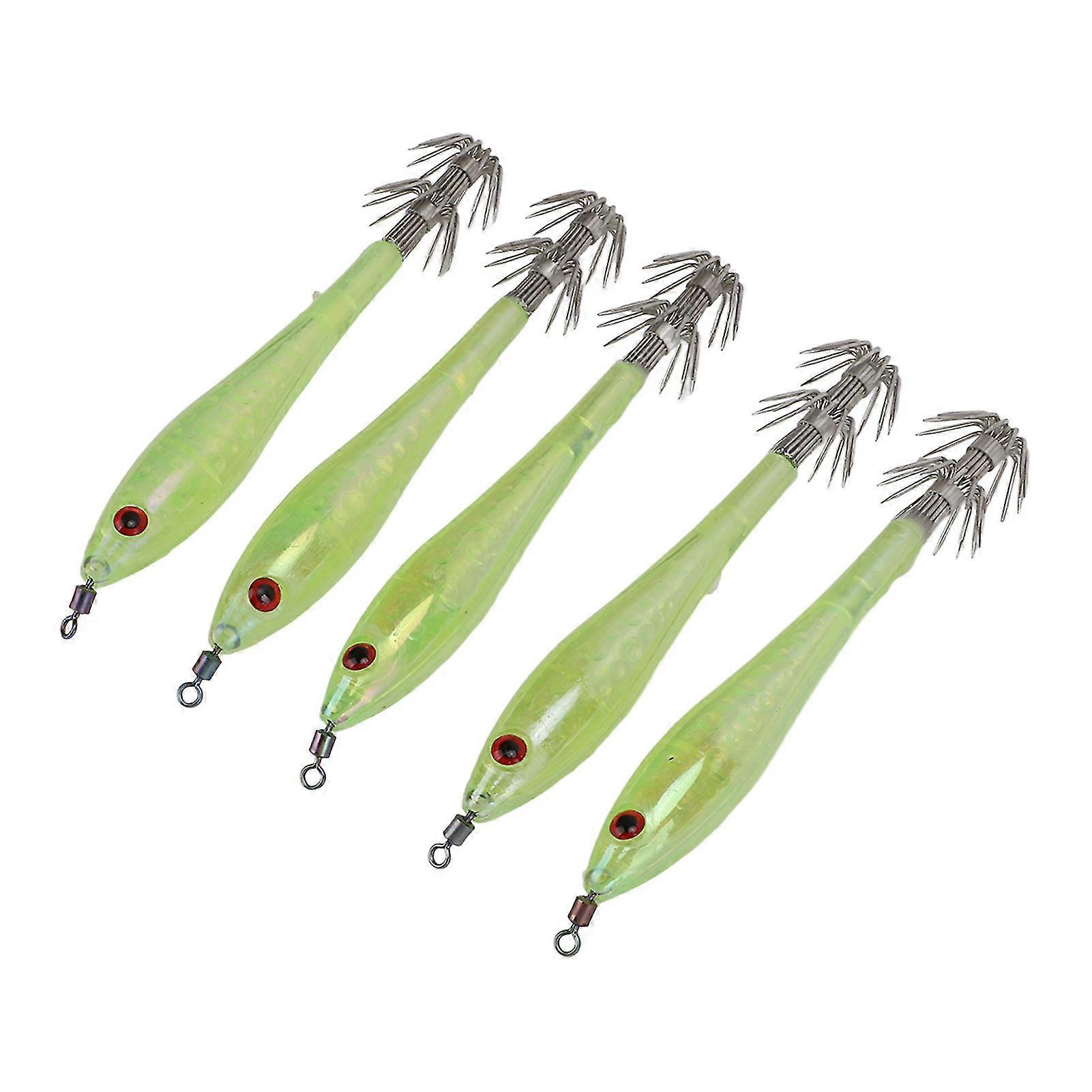 Green Artificial Squid Double Hook Jig Fishing Gear with Stainless Steel Hooks - 5 Pack