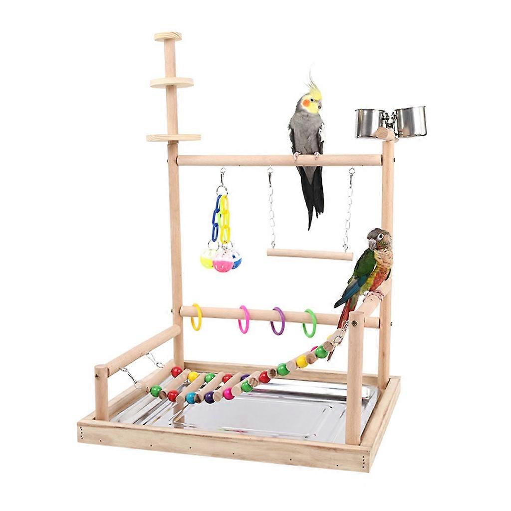 Bird Perch Wood Stand Toy Parrots Playstand with Feeding Cups Ladder Chew Toy