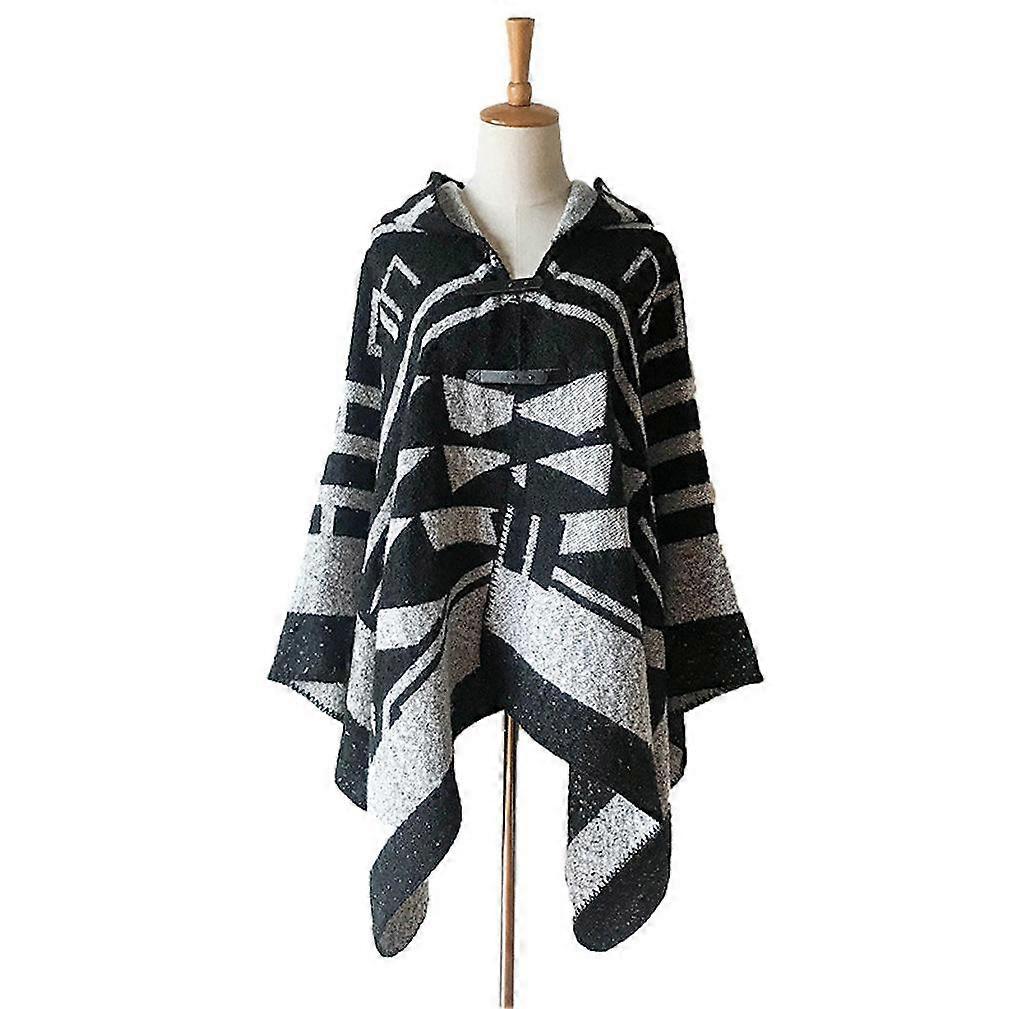 Geometric Hoodie Cape Loose Shawls Open Front Poncho with Botton for Lady