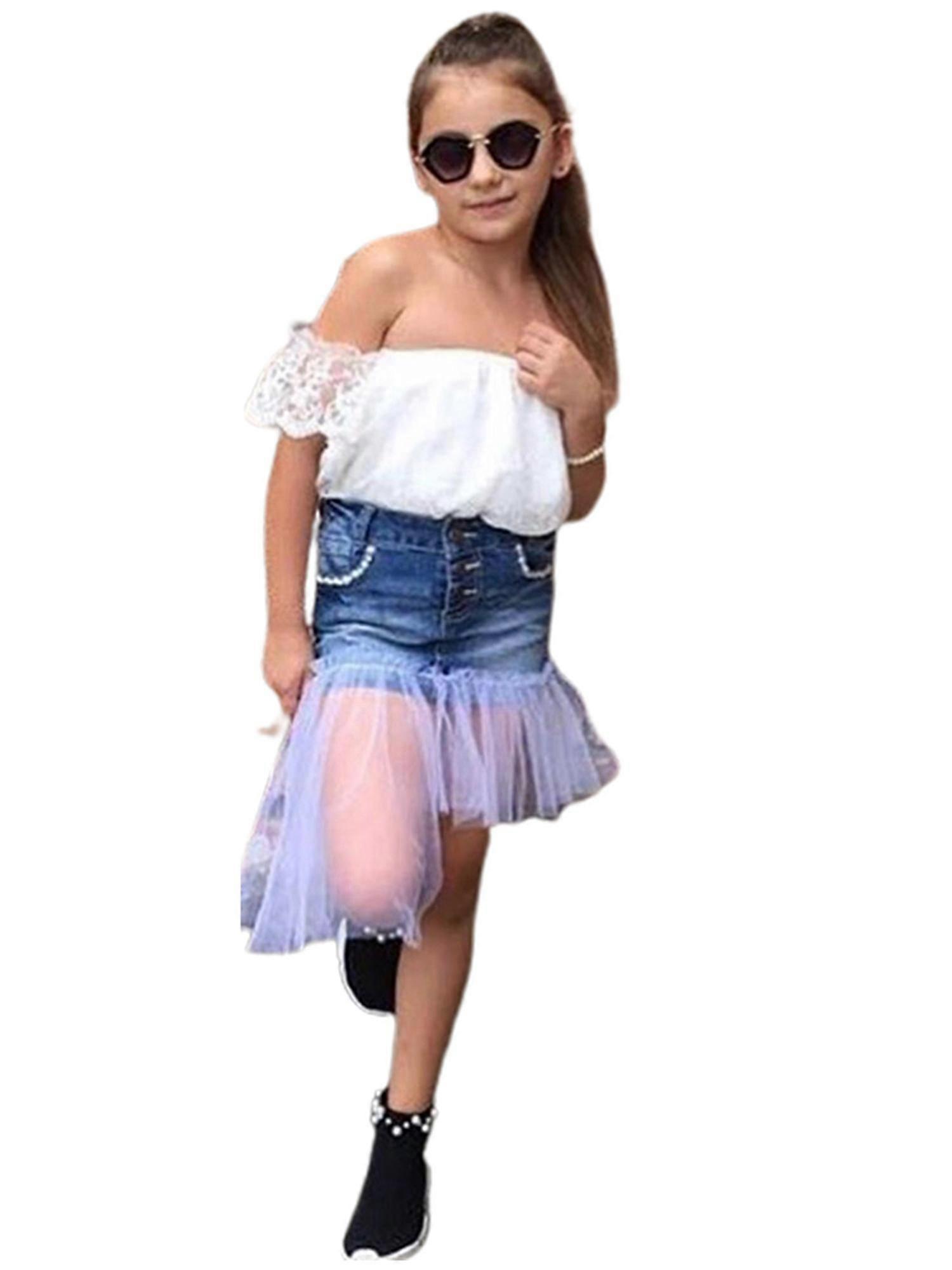 Skirt Set Off Shoulder Top And Denim Skirt Baby Kids Girl Summer