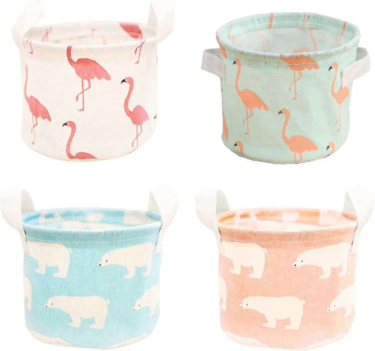 Set Of 4 Mini Round Storage Basket Foldable Storage Box Linen Fabric Desk Tidy Storage With 2 Handles On Both Sides For Clothes, Makeup, Toys And Othe