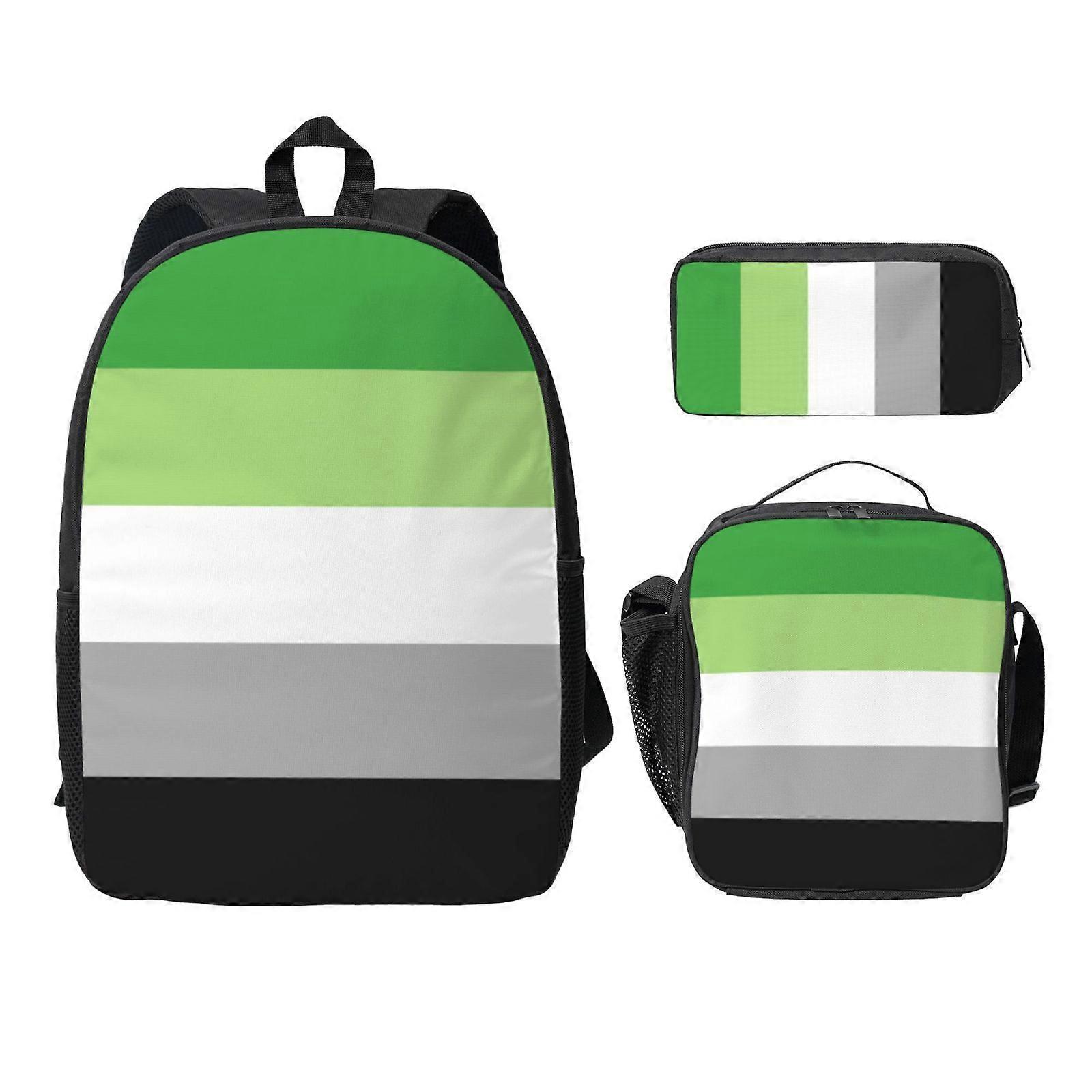 תרמיל גב Aromantic Pride Flag עם כיס רשת, קלמר לארוחת צהריים, סט של 3 חלקים