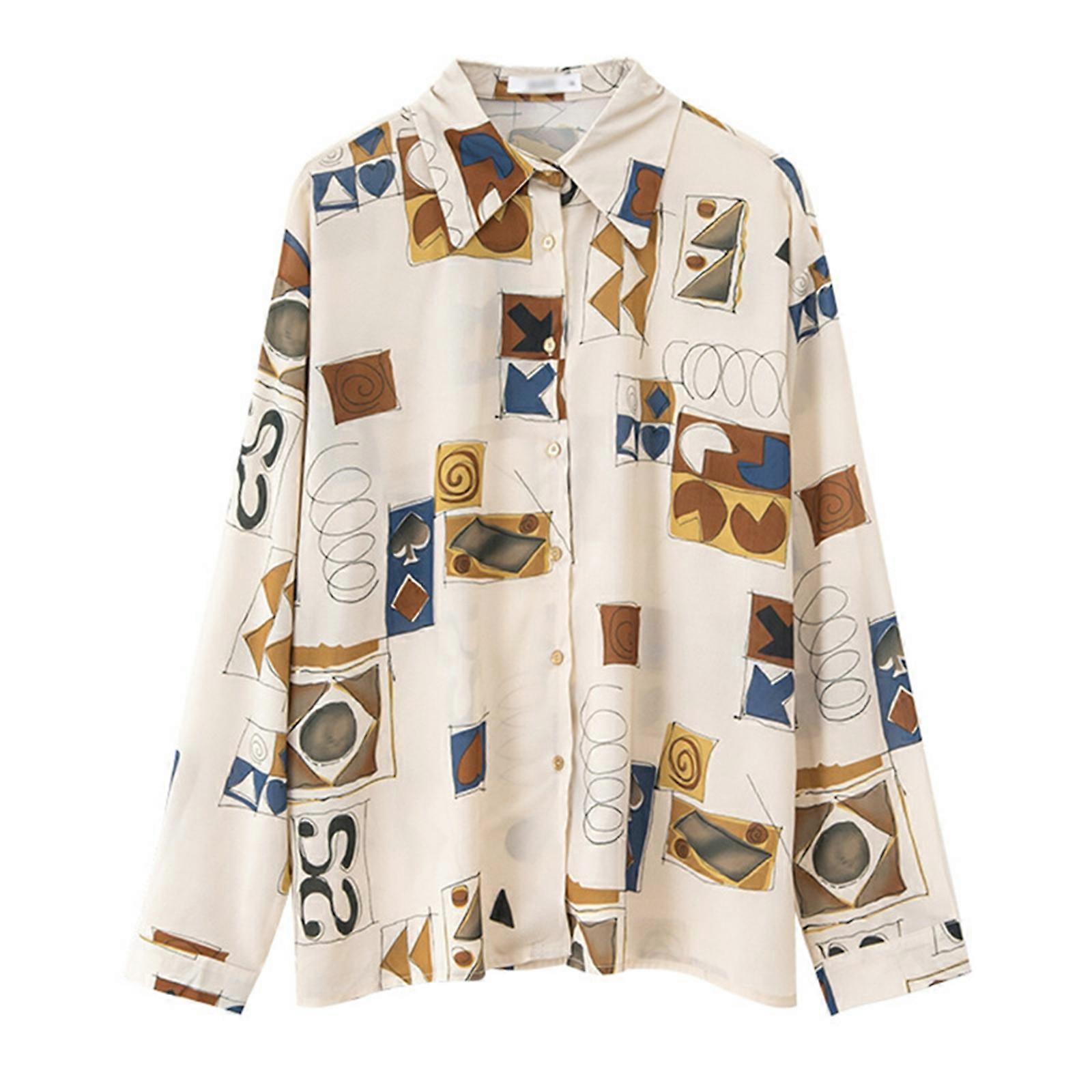 Womens Autumn Lapel Collar Long Sleeve Shirts Button Down Casual Loose Vintage Geometric Abstract Printed Tunic Blouses  XL Camel