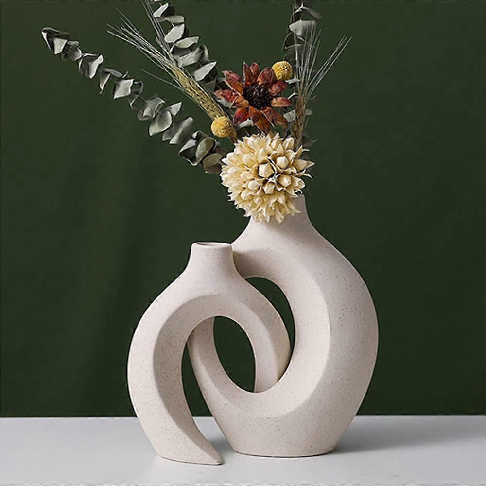 2 Set White Ceramic Vases for Home Decor, Boho Modern Small Decorative Accents in Contemporary Style