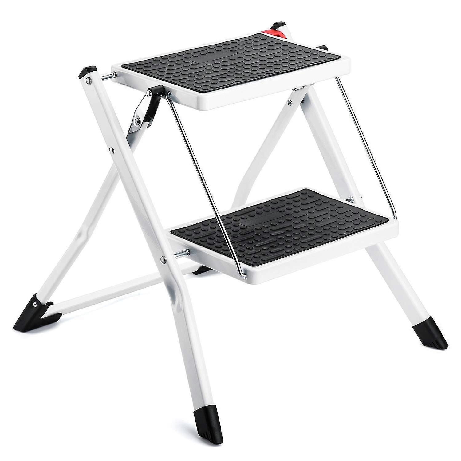 Folding Step Stool 2 Step Ladder Heavy Duty Metal with Anti-Slip Wide Pedal Lightweight Portable Collapsible White 330lbs