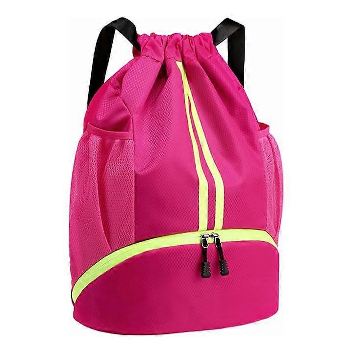 Drawstring Shoe Compartment Waterproof Sports Bag for Men, Gym and Travel with Reflective Pockets, Rose Red