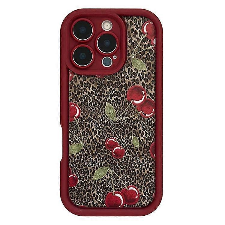 Compatible For iPhone 16 Pro Max Case Cherry Leopard Pattern Shockproof TPU Phone Cover