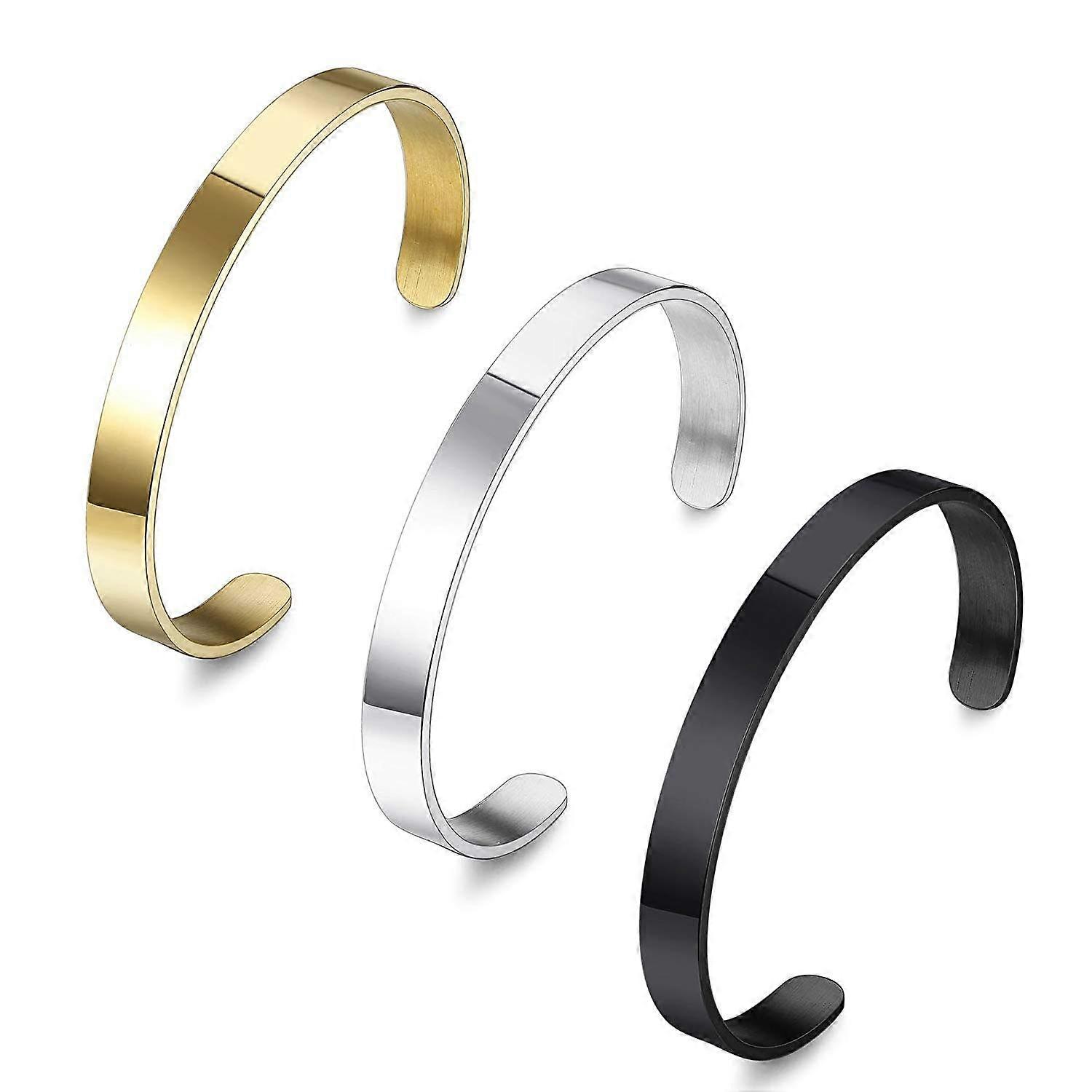 Simple Stainless Steel Cuff Bangle Set 3pcs High Polished Minimalist Open Bangle Jewelry for Men and Boys