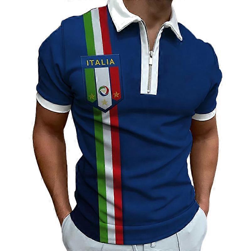 Camiseta casual com lapela, camiseta com zíper para jovens, camiseta de manga curta masculina com estampa de listras douradas em 3D.