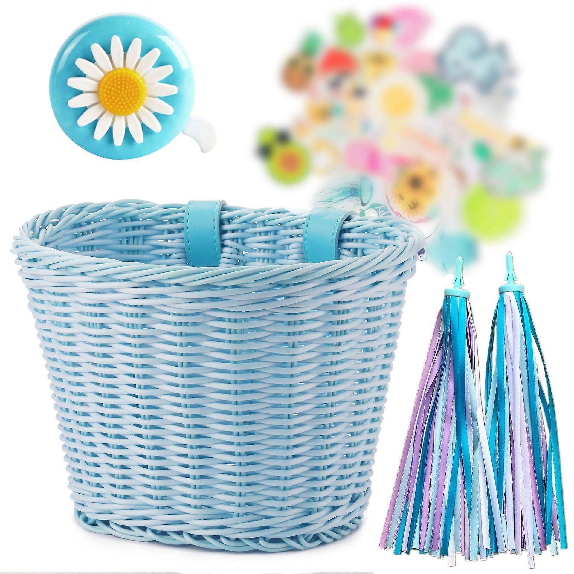 سلة دراجة أطفال ، سلة دراجة مضفرة ، سلة دراجات بلاستيكية ، سلة دراجات أطفال مع جرس ، مع شريط هامش ، هدية عيد ميلاد للفتيات