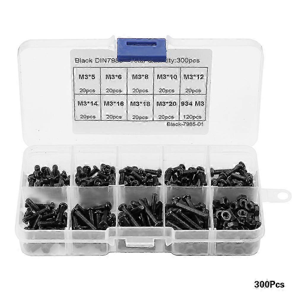 300 Pieces M3 Black Carbon Steel Pan Head Cross Drive Screw Bolt Nut Assortment Set for Various Applications