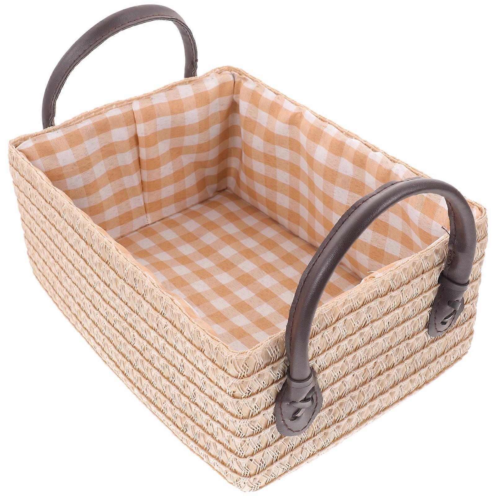 Woven Storage Basket with Handles Small Beige Clothes Organizer Bin for Bedding Household Items Wear Resistant Rustic Storage Box for Wardrobe