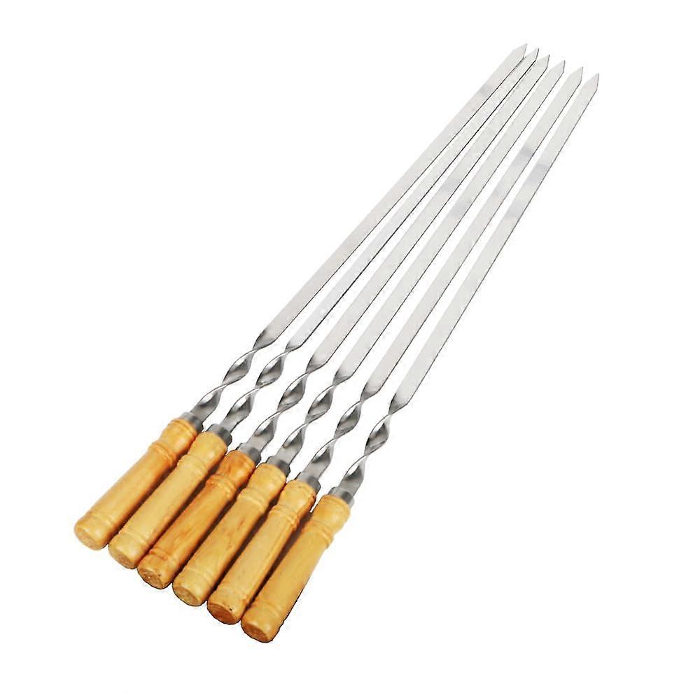 Set of 6 Barbecue Forks 55 cm Long Stainless Steel Needles with Wooden Handles for Grilling and Cooking