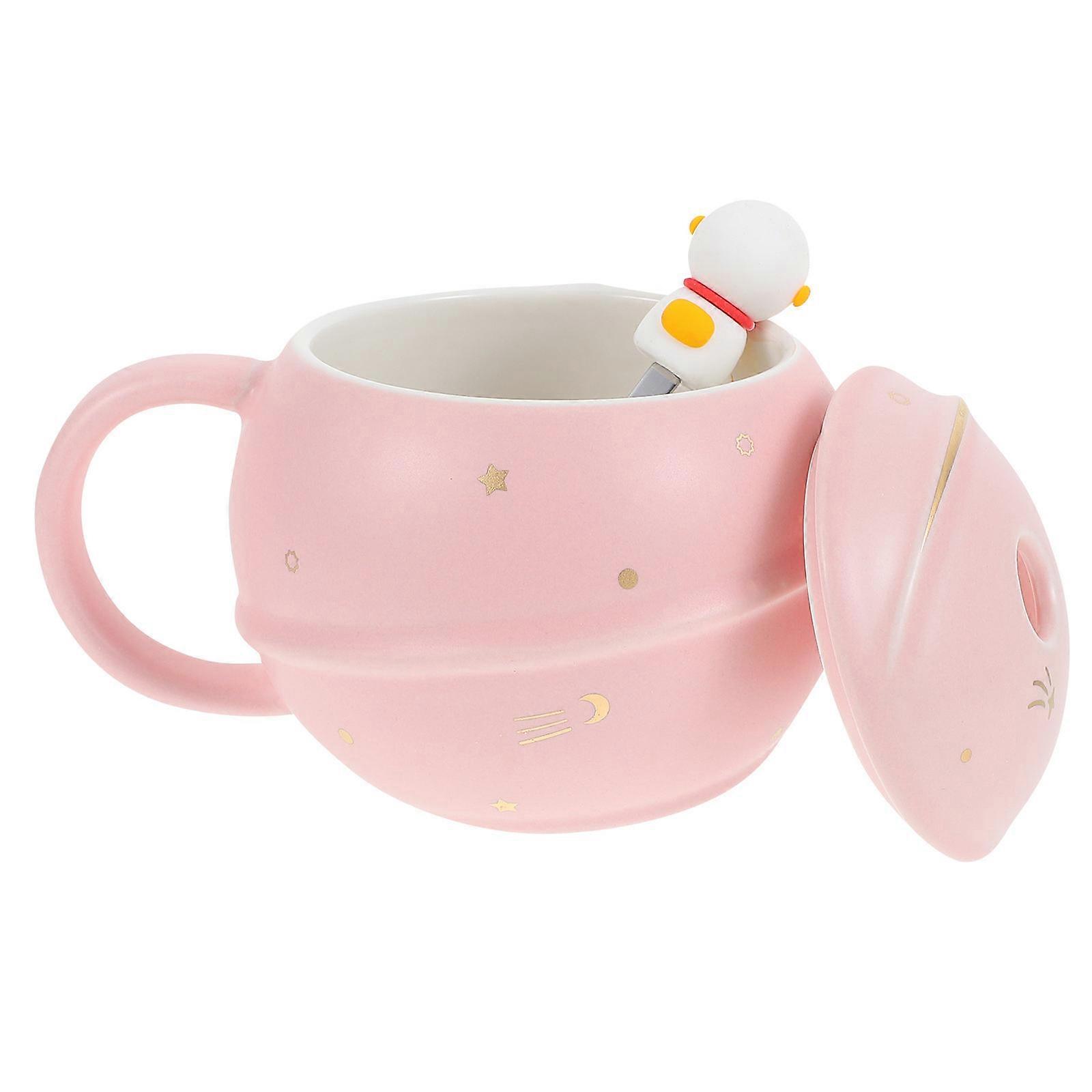 Ceramic Cup With Lid And Spoon Designed As An Astronaut Shape For Gift Giving Occasion In 13.8X8CM Size With Easy To Clean Function In 1 Set