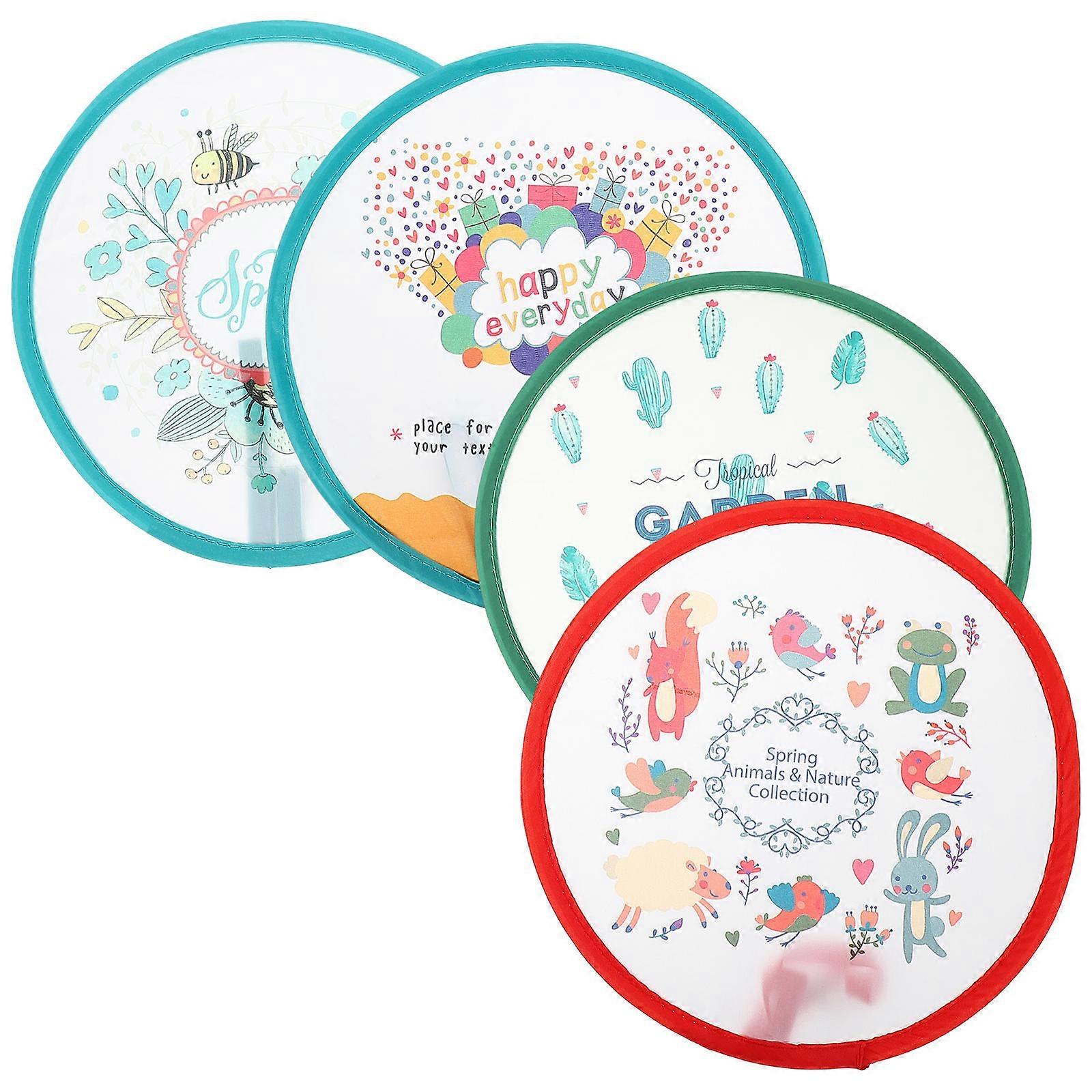 4 יחידות מאווררי יד מתקפלים מצוירים, עיצוב עגול נייד עם דפוסי בעלי חיים ובלונים חמודים לקירור קיץ, אביזרי ריקוד, עיצוב הבית, מיני מאווררים ל