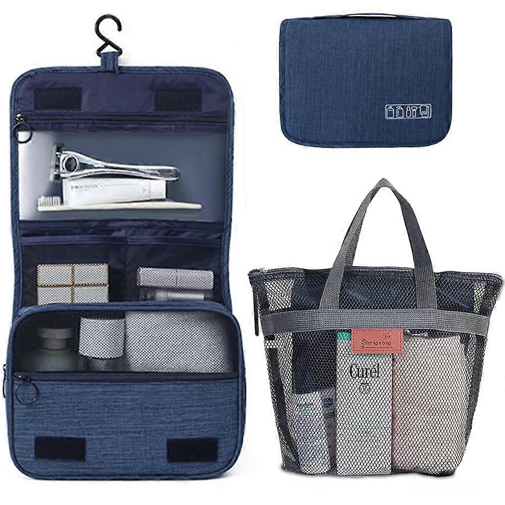 Portable Hanging Travel Toiletry Bag for Men and Women, Dark Blue, Includes 1 Toiletry Bag and 1 Mesh Handbag, Compact Design