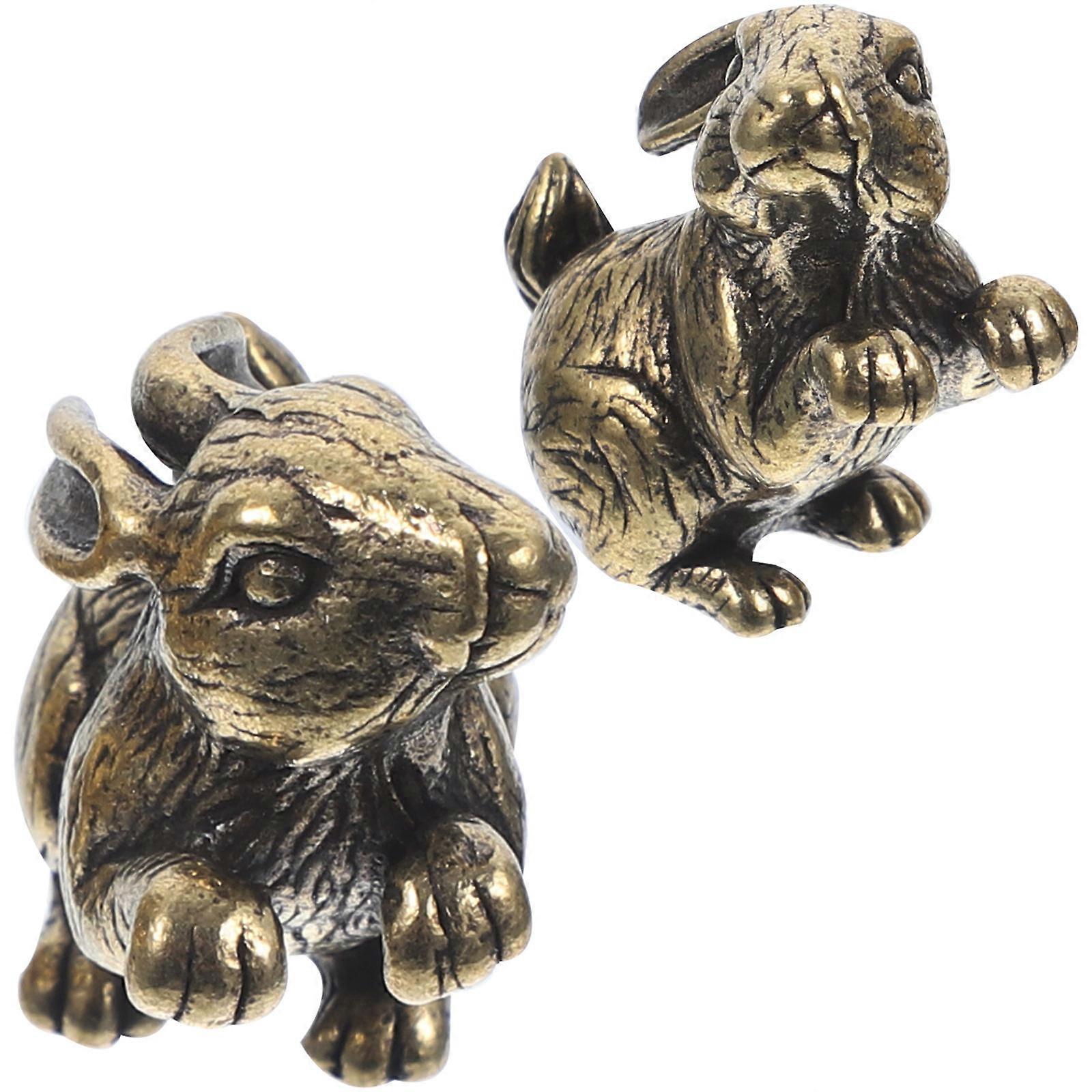 2Pcs Antique Rabbit Figurine Ornament Brass Bunny Figurines Zodiac Rabbit Statues