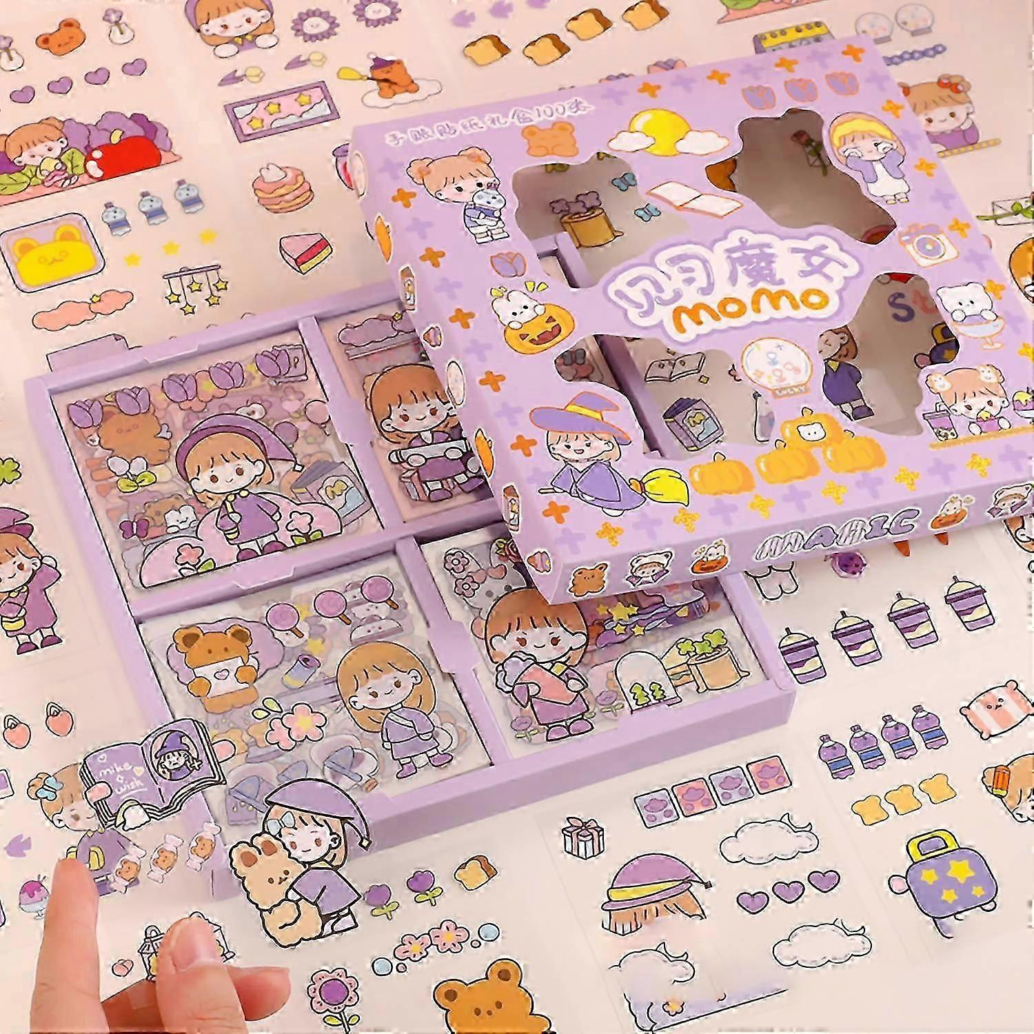 Notebook Sticker 100 Pieces Delicate Cute Cartoon Pattern DIY Boxed Stickers for Scrapbooking Diary