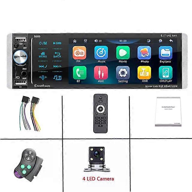 Autoradio universel 1 DIN, écran IPS 5,1 pouces, lecteur MP5, écran tactile HD, Bluetooth, compatible Mirror Link, caméra, CarPlay