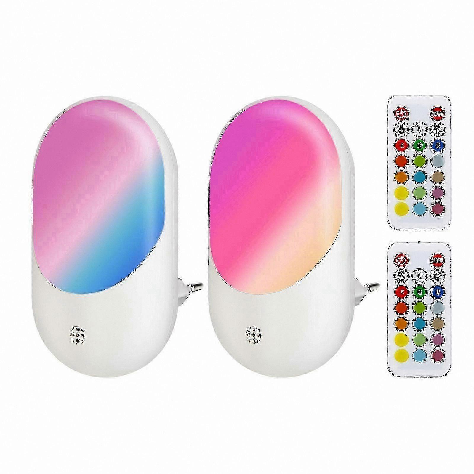 2 Pack RGB 16 Color Socket Light with Remote Control, Plug into Wall LED Night Light, Brightness Adjustable for Stairway, Bathroom, Kids Room