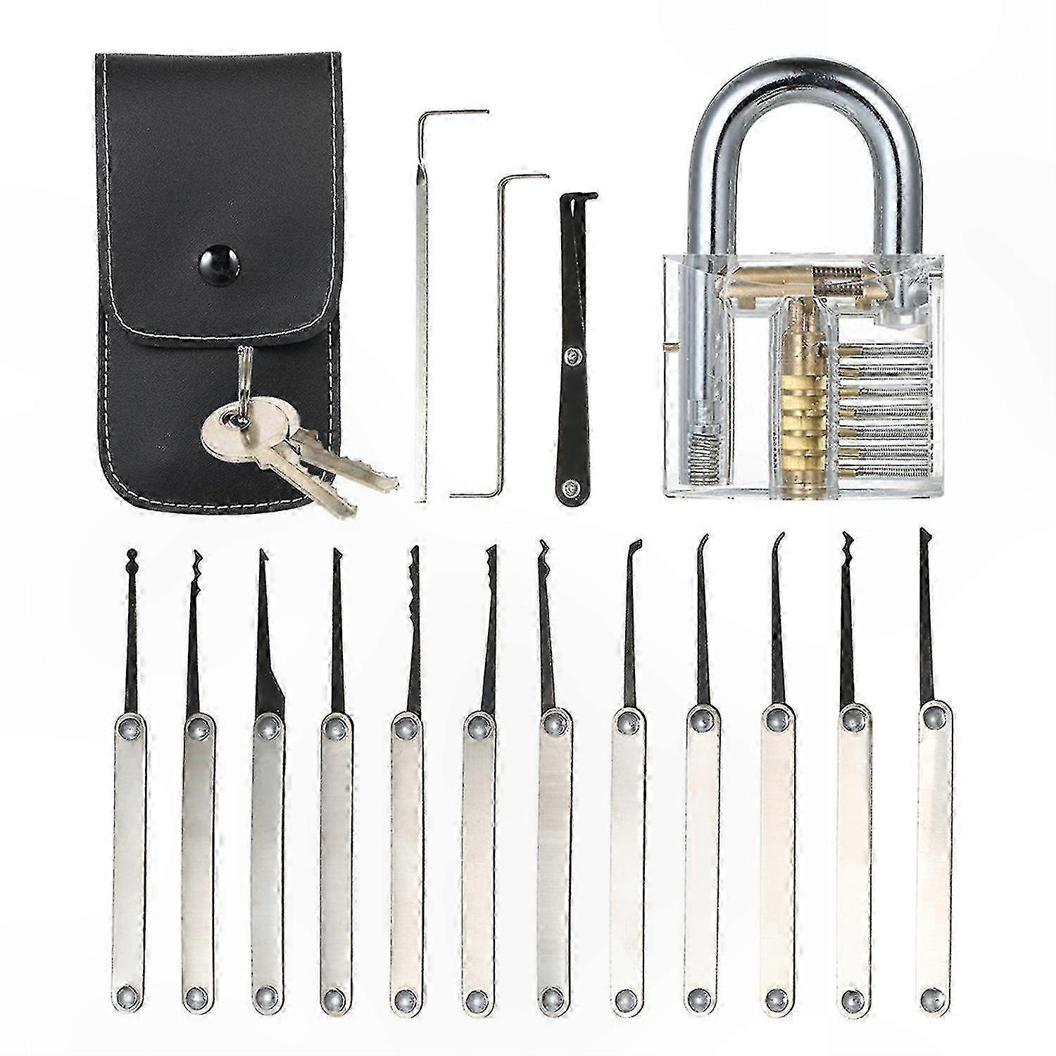 15pcs Lock Picking Set with Transparent Practice Padlock for Locksmith Beginners