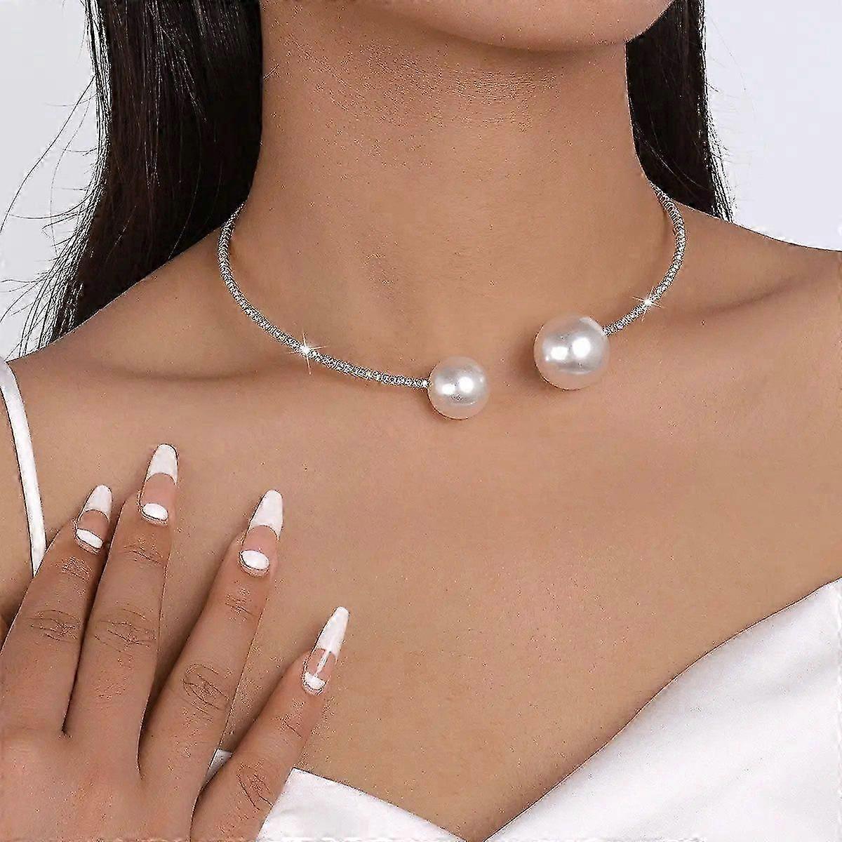 Necklace with pendant, faux pearl open geometric collar, elegant minimalist design.