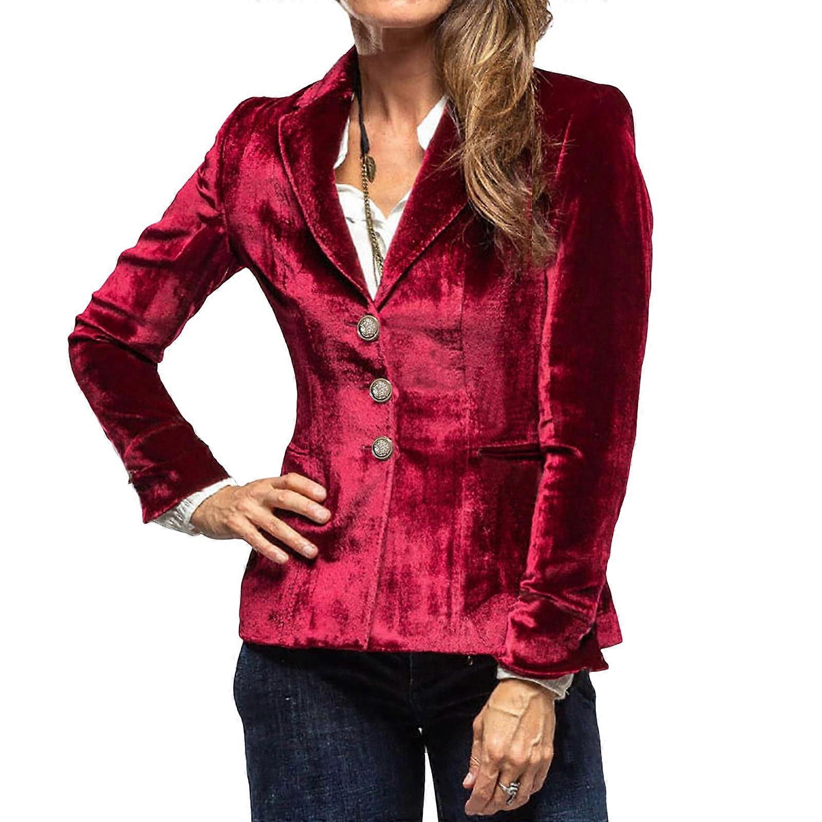 Womens Retro Coat Lightweight Cozy Button Outerwear Solid Color Lapel Open Front Jackets Coat With Pockets  Burgundy XL