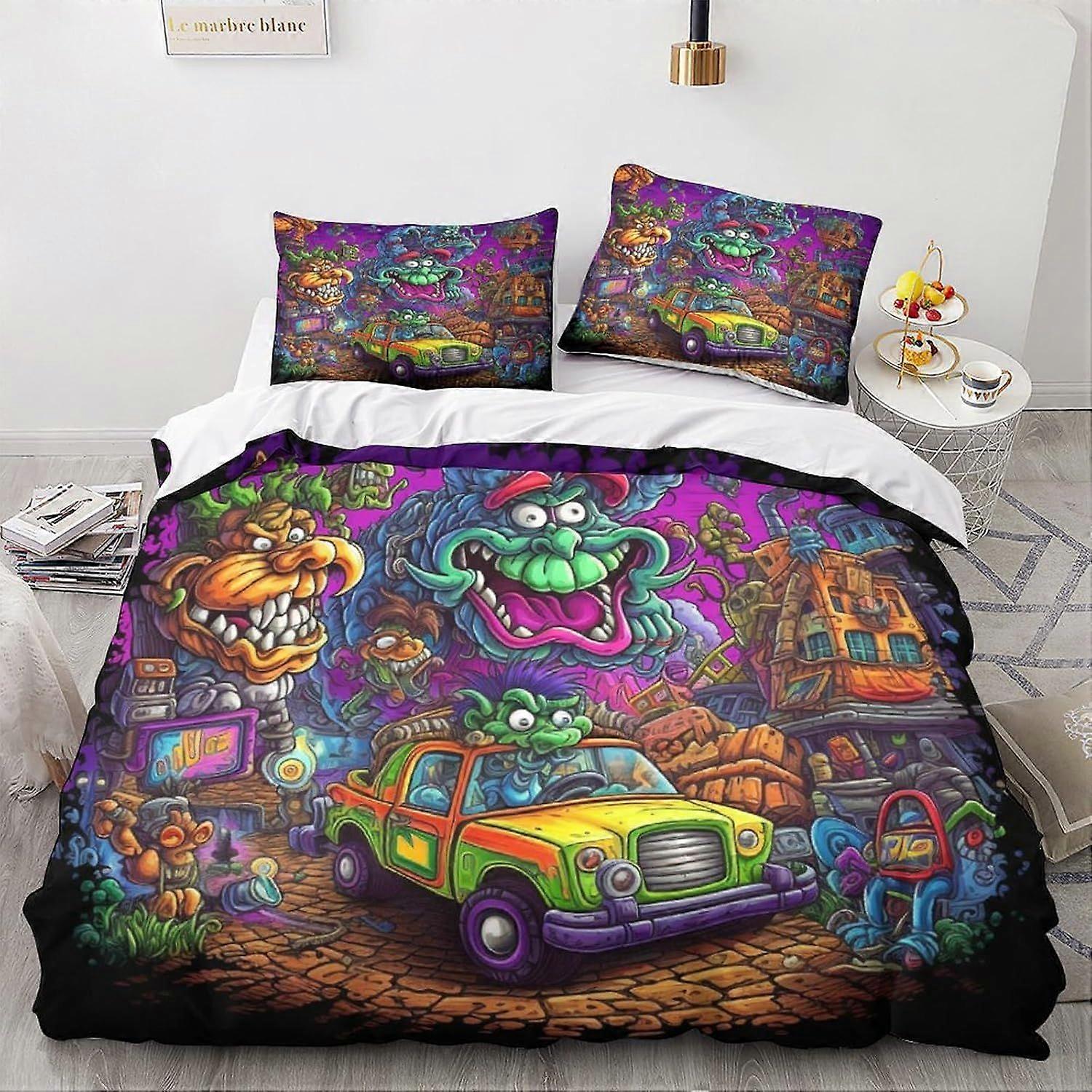 LikeEj الوحوش مجموعة الفراش 3D خمر السيارة المطبوعة مريحة الكرتون غطاء لحاف مجموعة مع أكياس السرير مجموعة الوسائد ، أغطية السرير أغطية السرير المنسوجات المنزلية