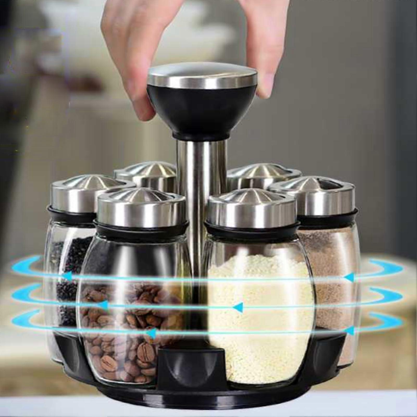 Stainless Steel Rotating Spice Rack with 6 Clear Glass Jars, 360° Countertop Organizer Set