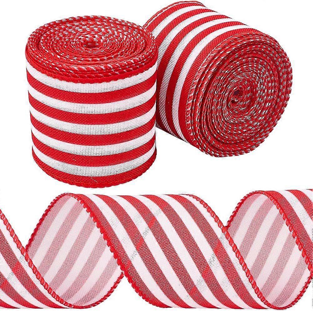 2 Rolls 2 Inch Wide Red White Striped Ribbon Wired Edge Single Faced Polyester Grosgrain Stripe Burlap Fabric Ribbon Bulk for Sewing Making Crafts Gif