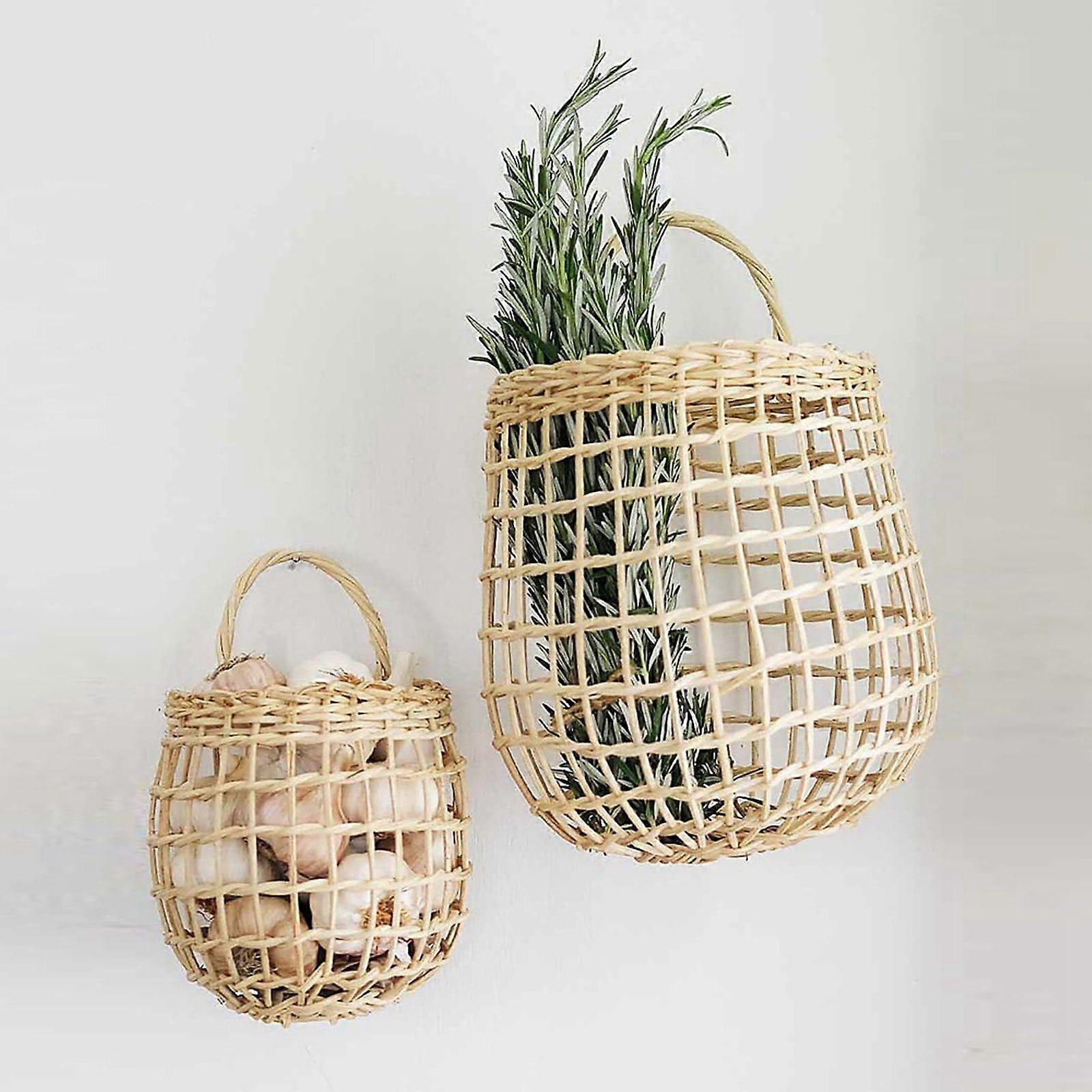 2pcs Wicker Hanging Basket Set, Rattan Wall Storage for Kitchen Vegetables, Rustic Bohemian Style