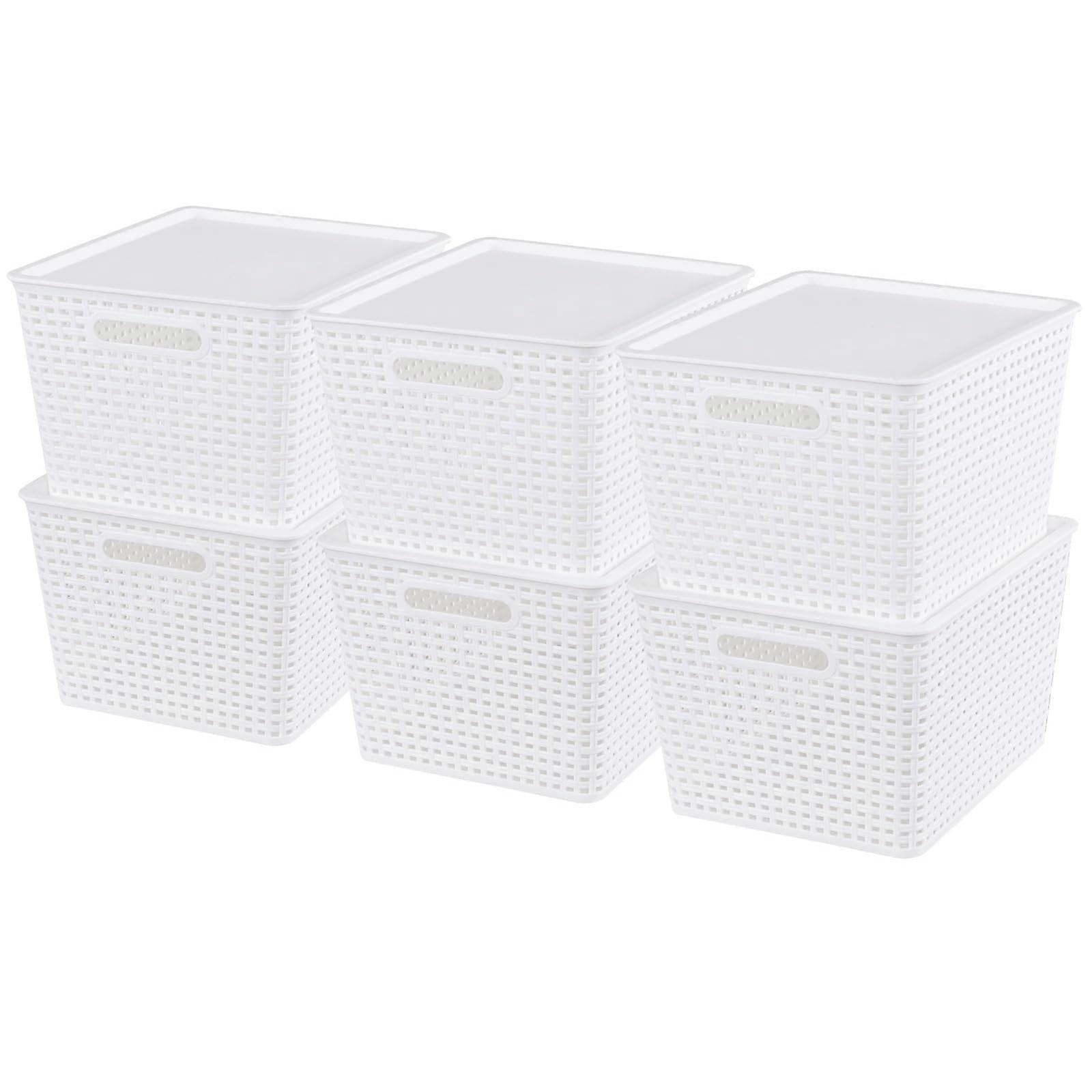 6 Pack Large Plastic Storage Baskets with Lids, Stackable Woven Bins with Handles, White